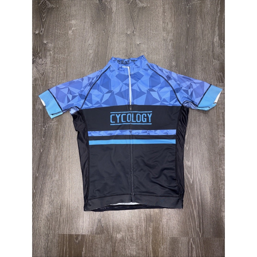 Cycology Performance Cycling Jersey Large Full Zip Short Sleeve Blue Back Pocket